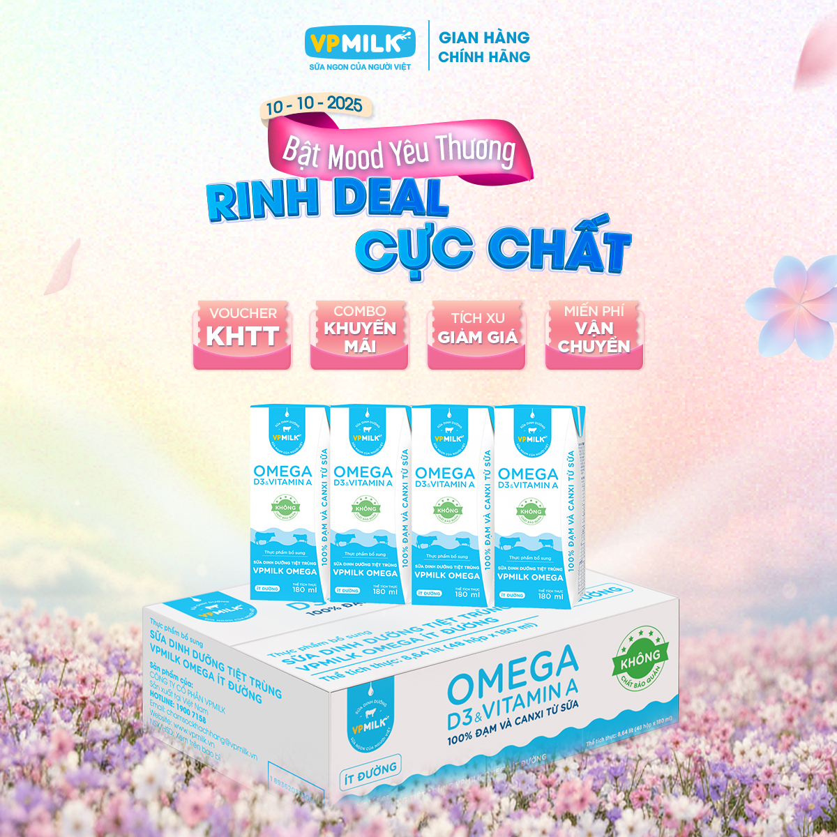 Thùng 48 hộp 180ml Sữa Dinh Dưỡng Tiệt Trùng VPMilk Omega ÍT ĐƯỜNG hộp cho bé trên 1 tuổi