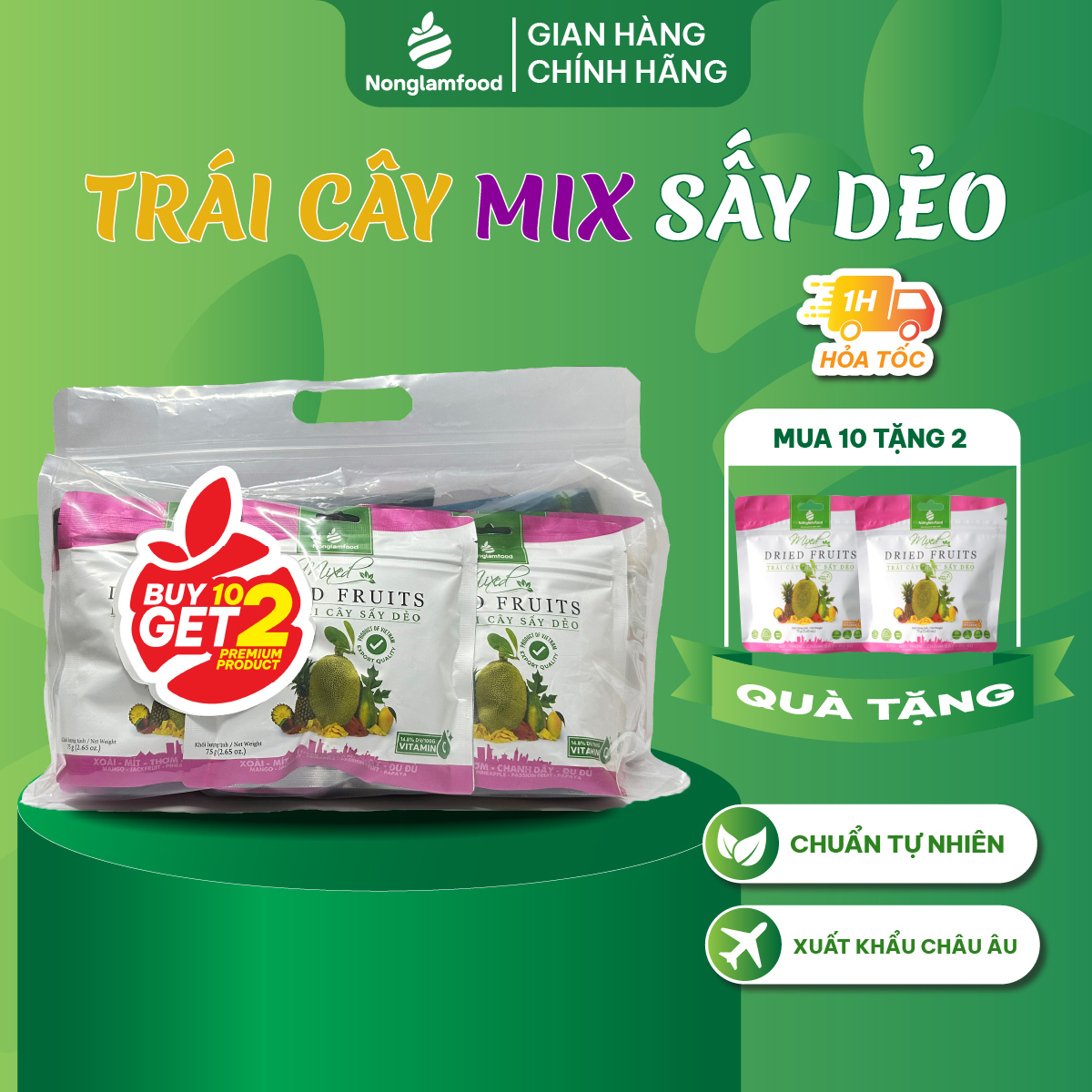 [Mua 10 tặng 2] Combo 10 túi Mix hỗn hợp trái cây sấy dẻo Nonglamfood túi 75g | Tăng cường chất xơ, đề kháng