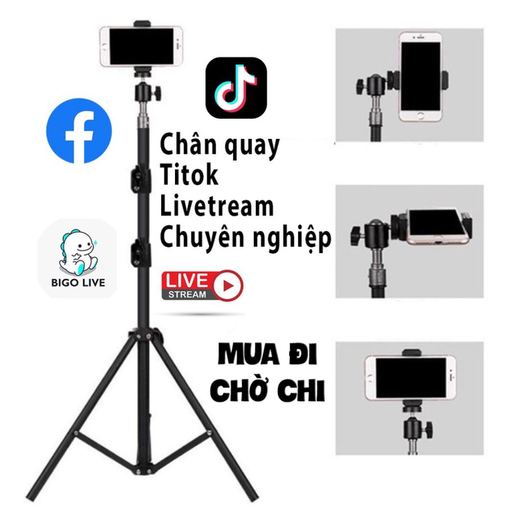 Gậy Chụp Hình Giá Đỡ Điện Thoại Chụp Ảnh có kèm remote chụp từ xa Livestream TikTok kẹp điện thoại 3 chân kim loại chắc chắn có thể gắn đèn livestream loại xịn