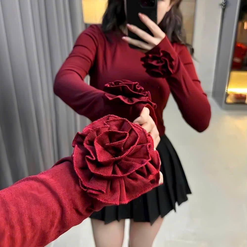 Áo Thun Nữ Tay Dài Bigsize 40-90kg Tay gắn Hoa Xinh Cổ Tròn Thời Trang AT110