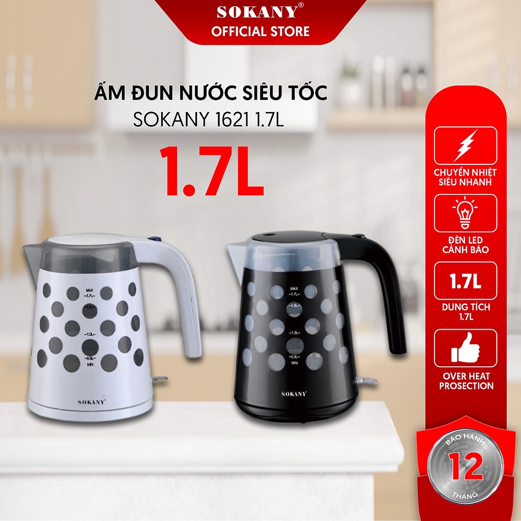 Ấm siêu tốc sokany 1621 bình đun siêu tốc có đèn led 1.7l đế xoay 360 độ gi gi store