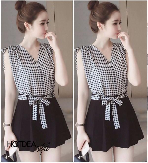 Sét áo quần xếp ly + áo sọc caro
