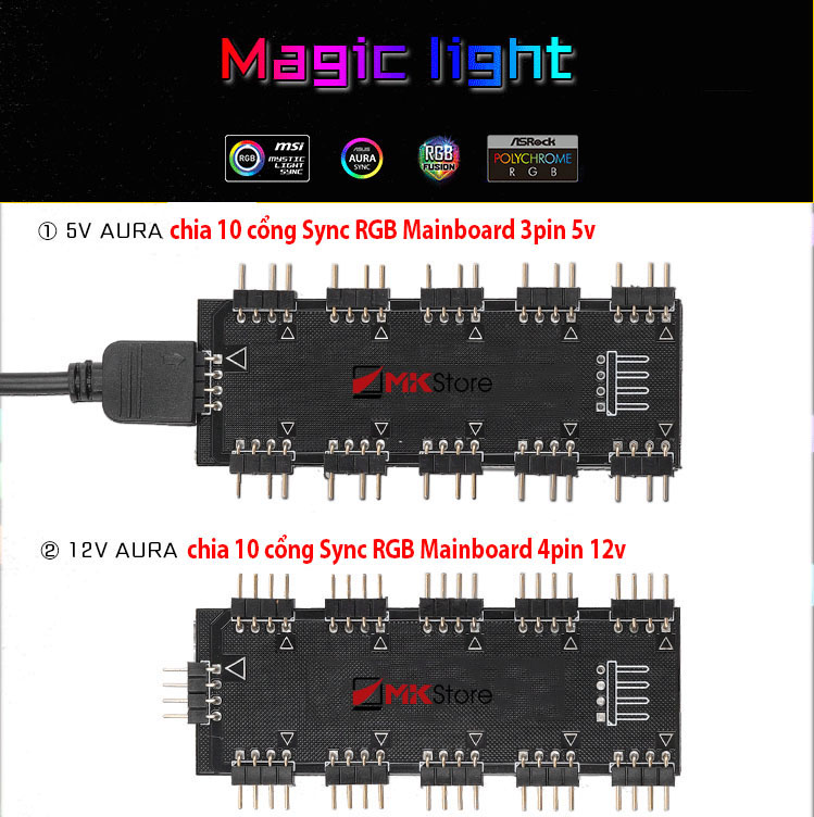 Hub chia 10 port aura sync 5v rgb 3 pin và symphony 12v rgb 4 pin mkstore