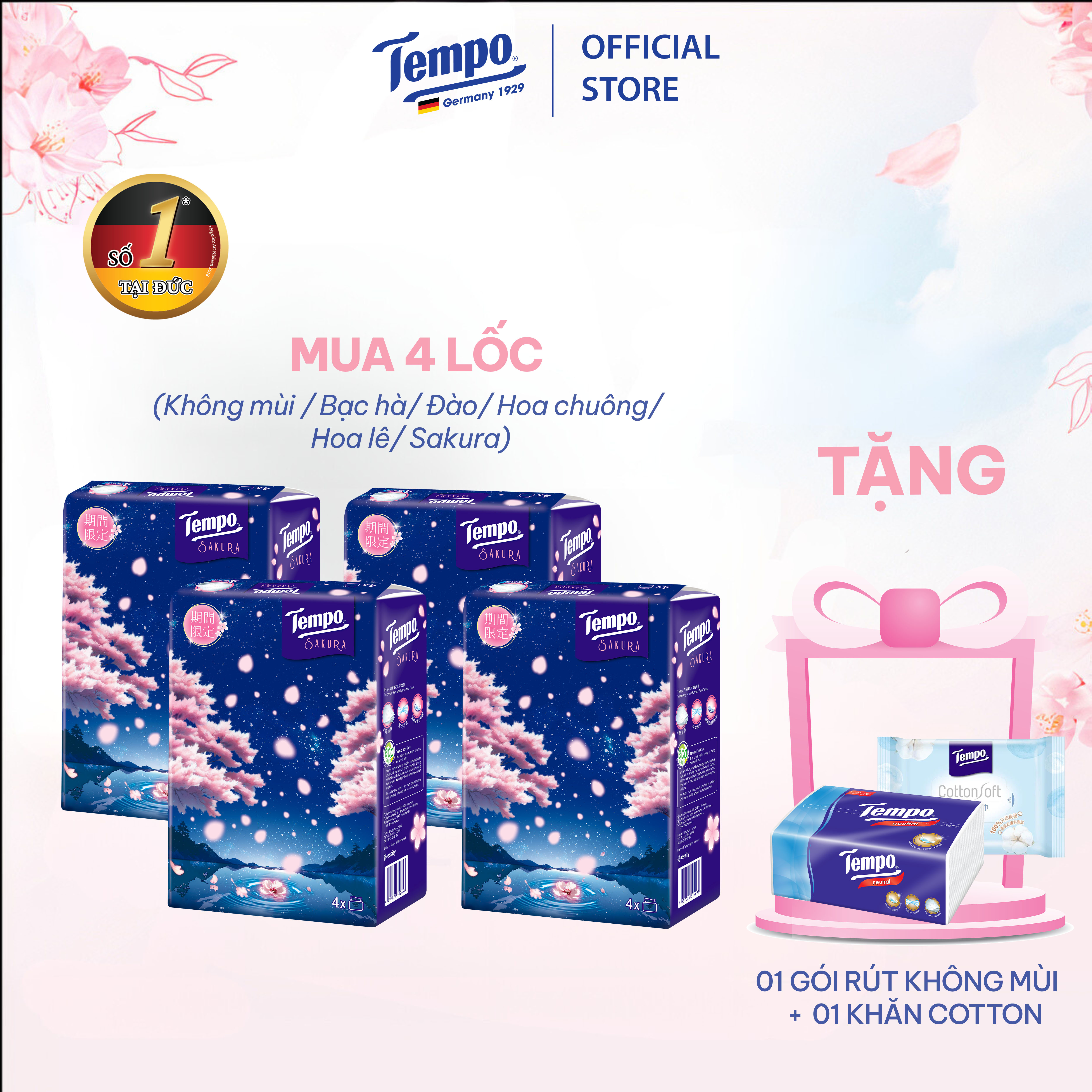 Mua 4 lốc tặng 1 gói giấy rút + 1 khăn cotton] khăn giấy rút cao cấp tempo 4 lớp bền dai - thương hiệu đức