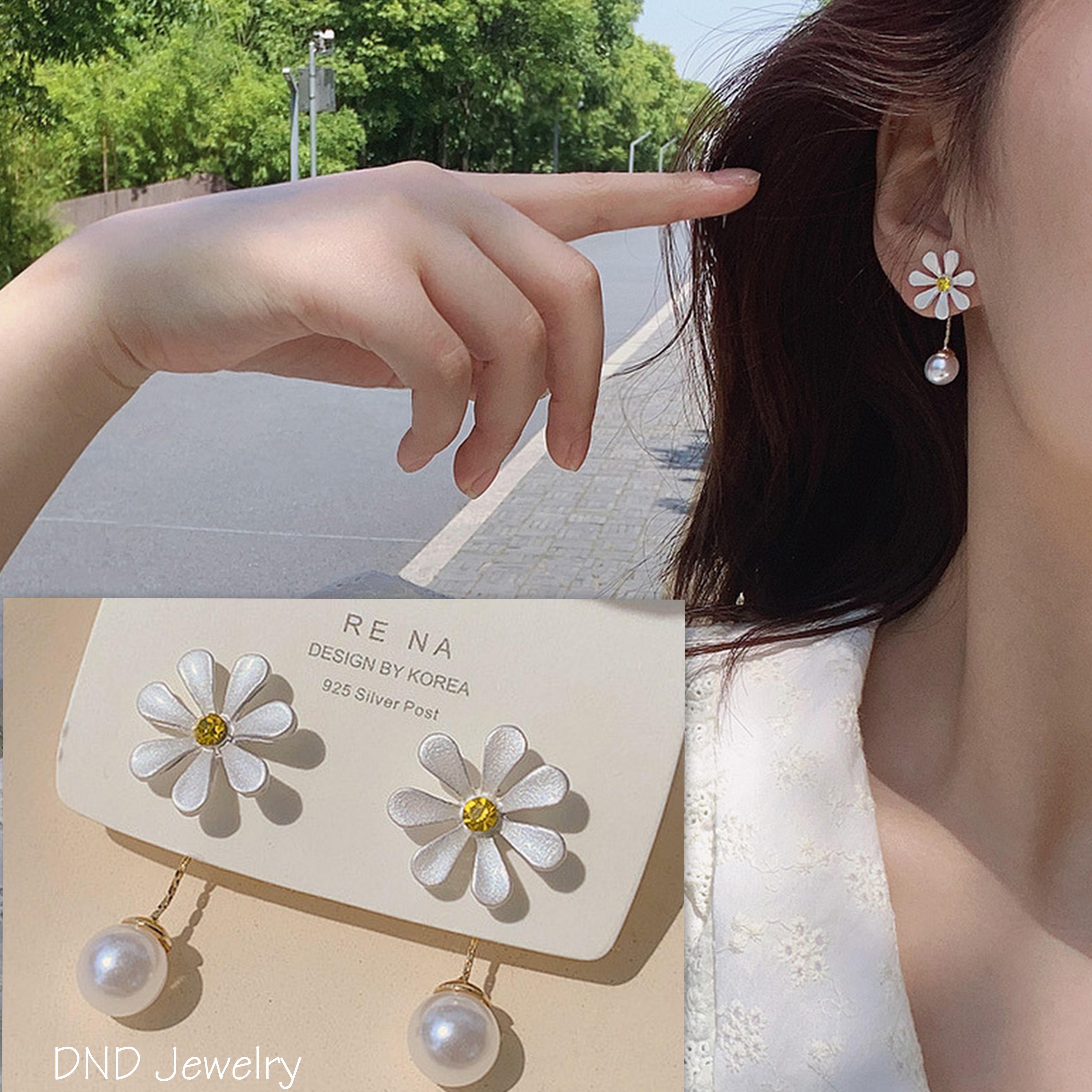Khuyên tai dài nữ, hoa tai dáng dài hình bông hoa đính ngọc trai hàn quốc bạc S925, bông tai nữ hàn quốc cá tính trẻ trung cute
