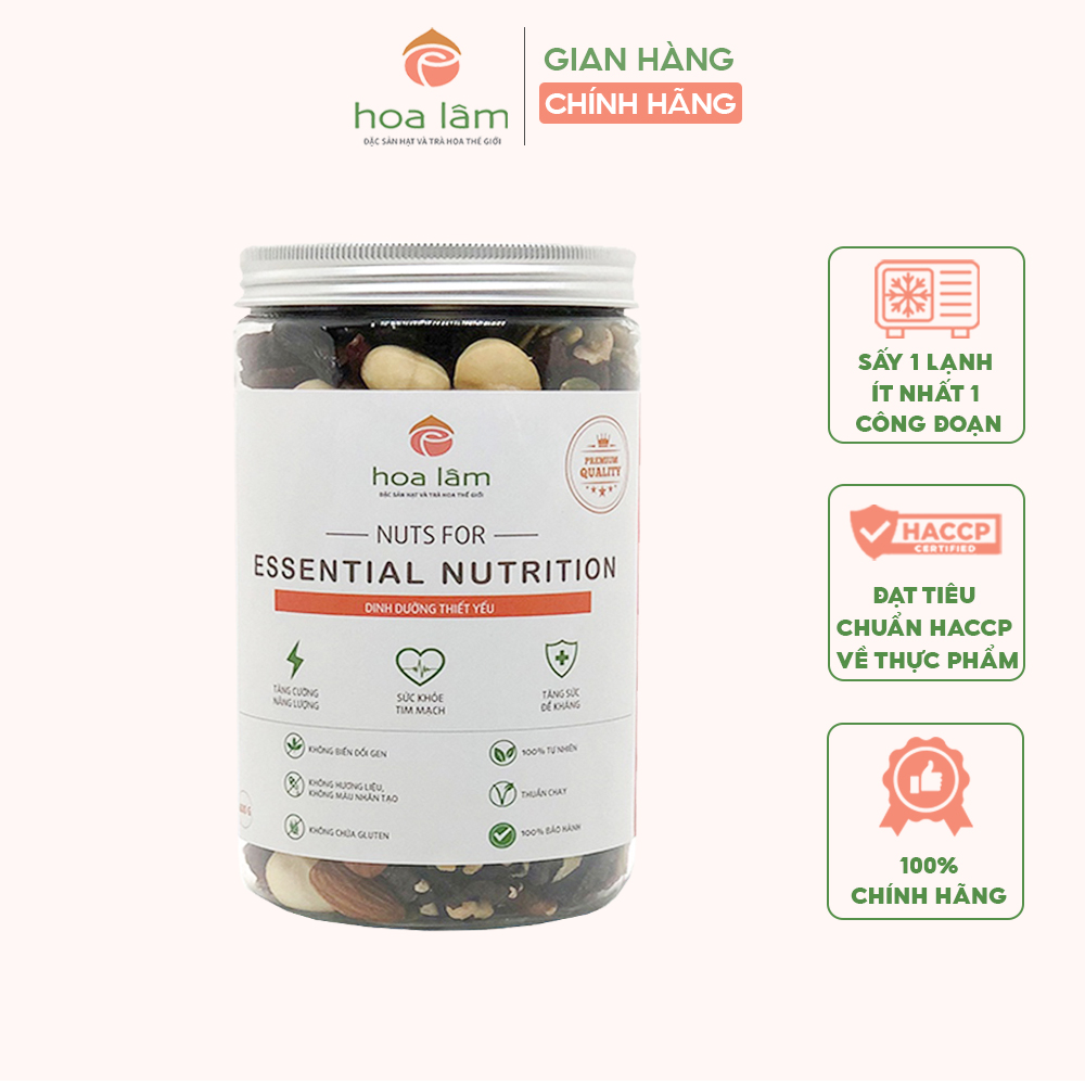 Hạt dinh dưỡng Hoa Lâm Nuts for Essential Nutrition cung cấp đầy đủ dinh dưỡng thiết yếu phù hợp cho người từ 30-45 tuổi trọng lượng 500gr