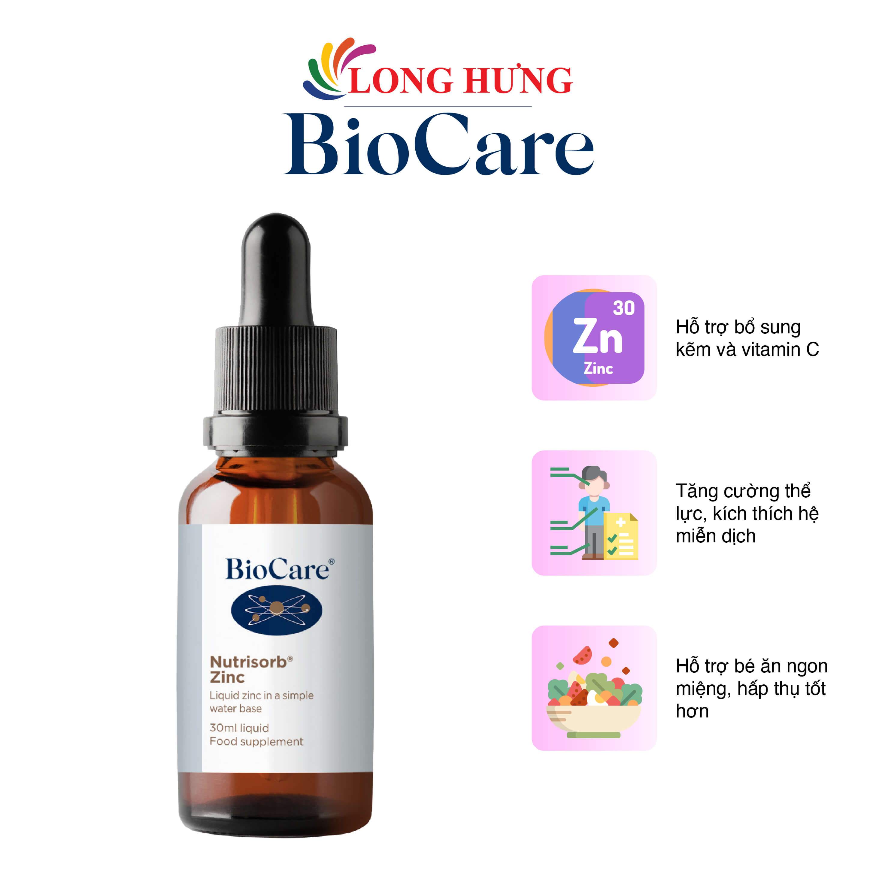Kẽm dạng giọt Biocare Nutrisorb Zinc tăng cường sức đề kháng cho bé - Hàng chính hãng - Uống trực tiếp, nhỏ từng giọt vào đầu lưỡi hoặc phần má trong của trẻ
