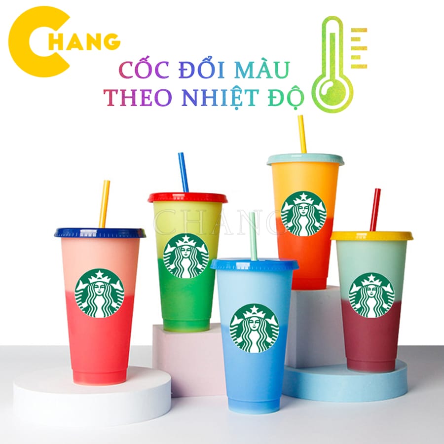 Ly nước starbuck nhựa đổi màu theo nhiệt độ độc đáo , cốc đổi màu tái sử dụng + tặng kèm ống hút