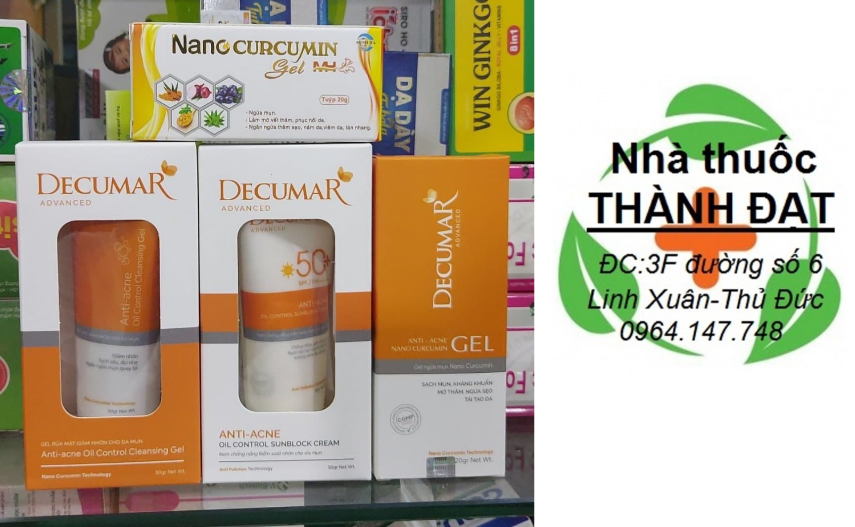 (trọn bộ ) decumar  sản phẩm mụn gồm kem decurma advance và sữa rửa mặt dercuma, chống nắng spf 50+