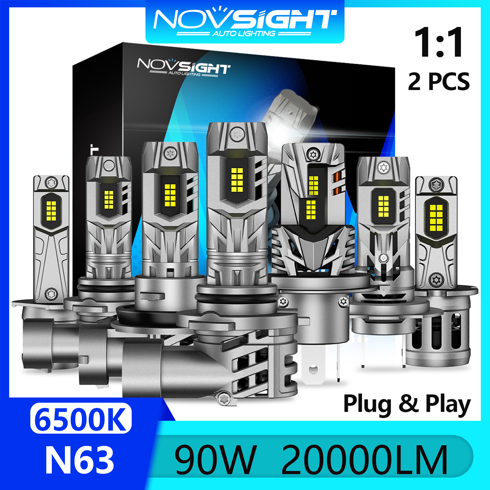 Novsight N63 9005 HB3 9006 HB4 H4 H7 H11 LED Headlight Bulb 90W 20000LM 6500K Super Bright LED Lights for Car High/Low Beam Fog Light Mini 1:1 Design Wireless Plug&Play 2Pcs Free Shipping
