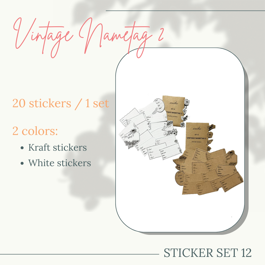 Set 12: vintage nametag 2 - 20 stickers - nhãn vở vintage và cành lá