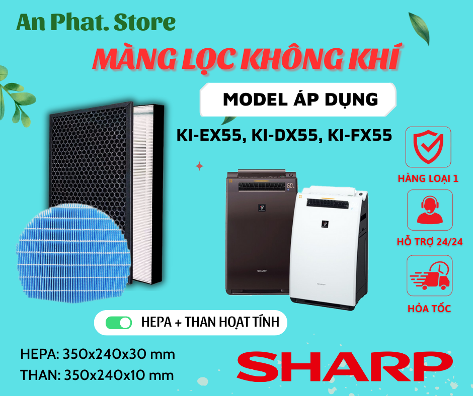 Màng lọc không khí sharp: ki-ex55, ki-dx55, ki-fx55,... màng lọc hepa, màng lọc than, màng lọc sharp cánh buồm nội địa nhật