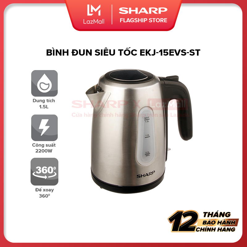 Bình Đun Siêu Tốc 1.5 Lít Sharp EKJ-15EVS-ST [Vạch báo mực nước: hai bên, Cảm biến nhiệt: FADA] - Bảo Hành Chính Hãng 12 tháng