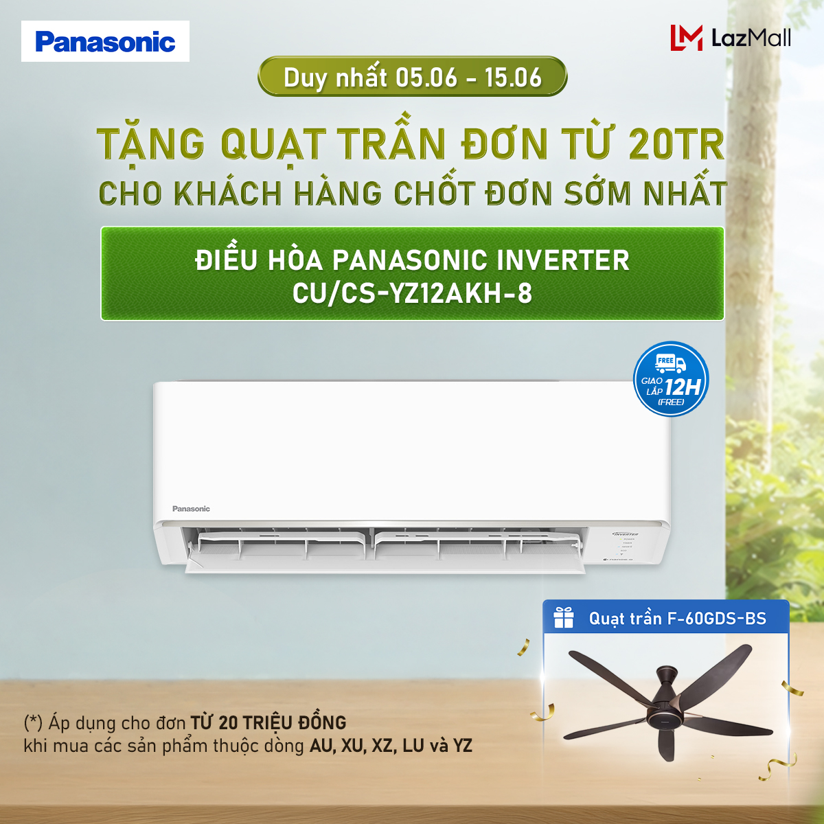 [CHỈ GIAO MIỀN BẮC] [Độc quyền Online] [Chỉ giao miền Bắc] Điều hòa Panasonic Inverter CU/CS-YZ12AKH-8 - 1.5HP - Hai chiều - Eco AI - Lọc không khí bụi mịn tới 99%
