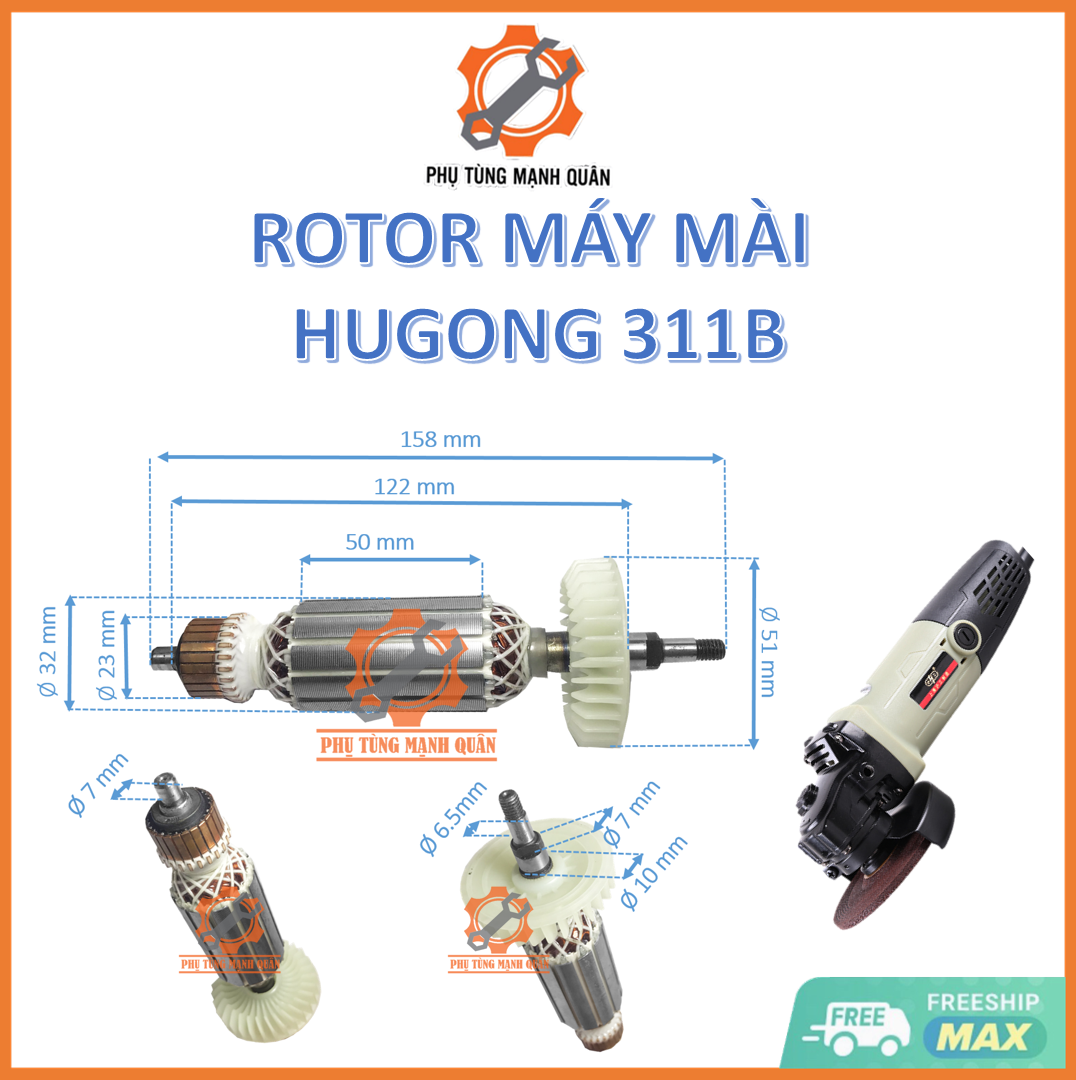 Rotor/ruột máy mài Hugong 311B thân 32 dài 158 tặng kèm chổi than cao cấp