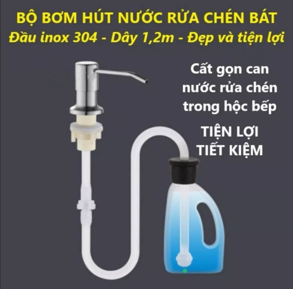 Bộ vòi dẫn rửa bát, bơm hút nước rửa chén bát gắn với bồn rửa, đầu inox 304, dây dẫn silicon dài 1,2m,