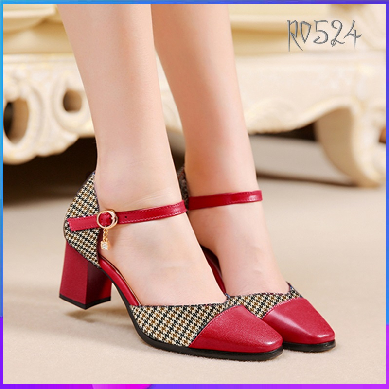 Giày sandal nữ cao gót 5cm hàng hiệu rosata hai màu đen đỏ thời trang hàn quốc ro524