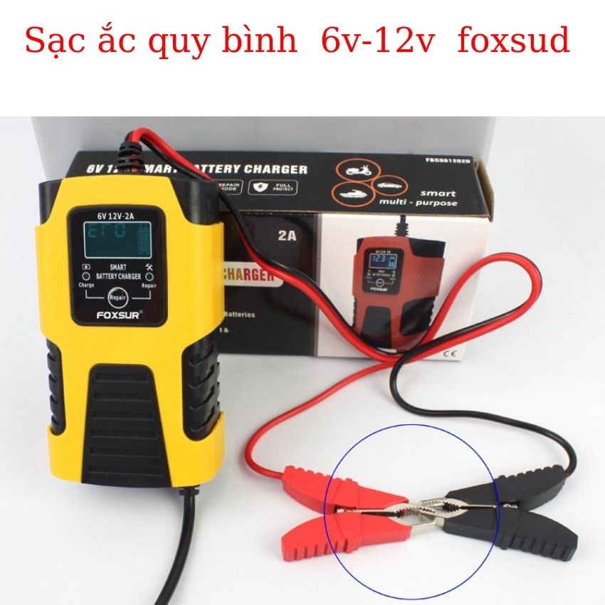 Nguồn sạc ắc quy 6v 12v 2A Foxsur ,máy sạc ắc quy 12v sạc bình 4AH-40AH chống ngược cực , phục hồi bình cũ , tự ngắt khi đấy, sạc acquy thông minh (Loại 1 Chính Hãng))