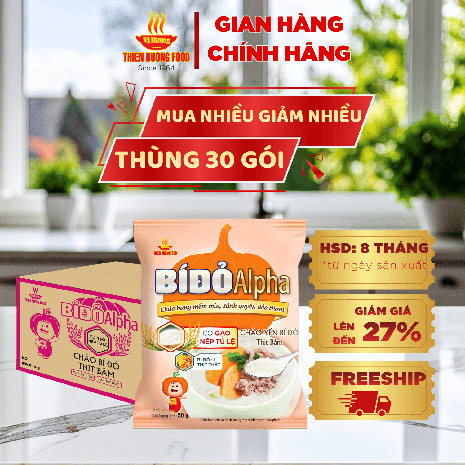Tặng 5 thố nhựa tiện lợi - thùng 30 gói cháo yến bí đỏ thịt bằm 50g/gói