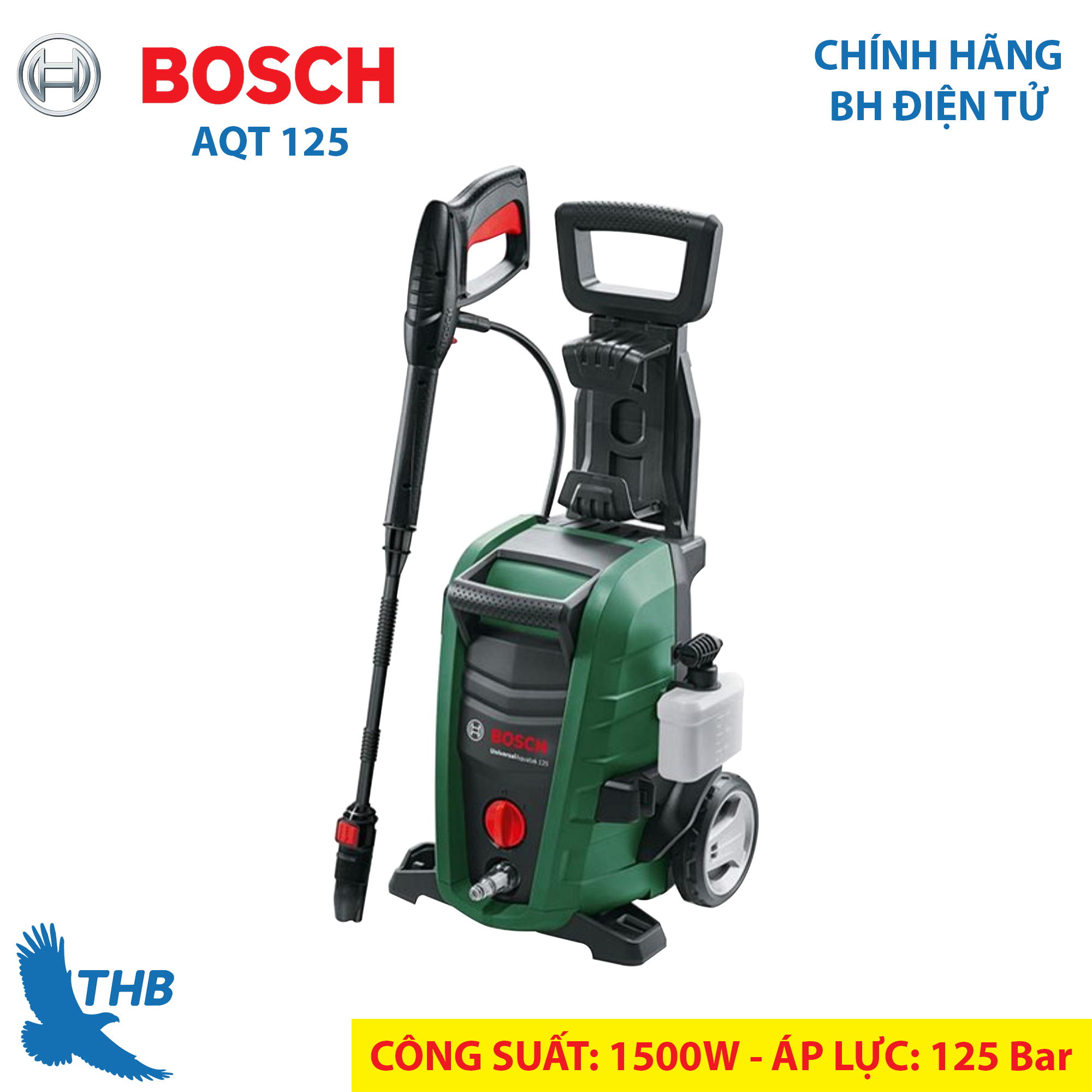 [Trả góp 0%] Máy rửa xe Bơm phun xịt rửa tự hút áp lực cao Bosch AQT 125 Chạy êm Áp lực 125 Bar 1 Đầu phun 3 chế độ