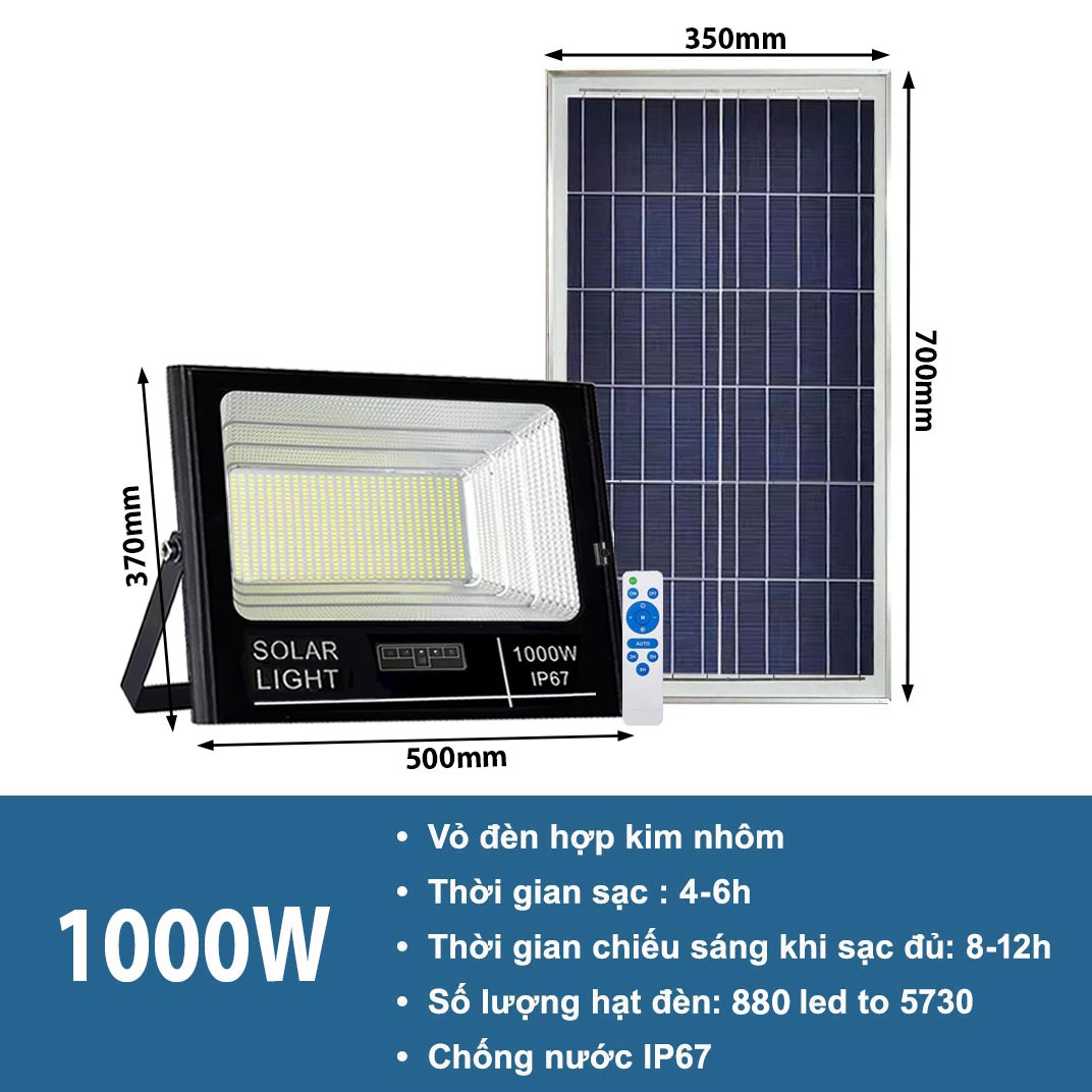 Đèn pha năng lượng mặt trời 1000w vỏ nhôm, chống nước ip67