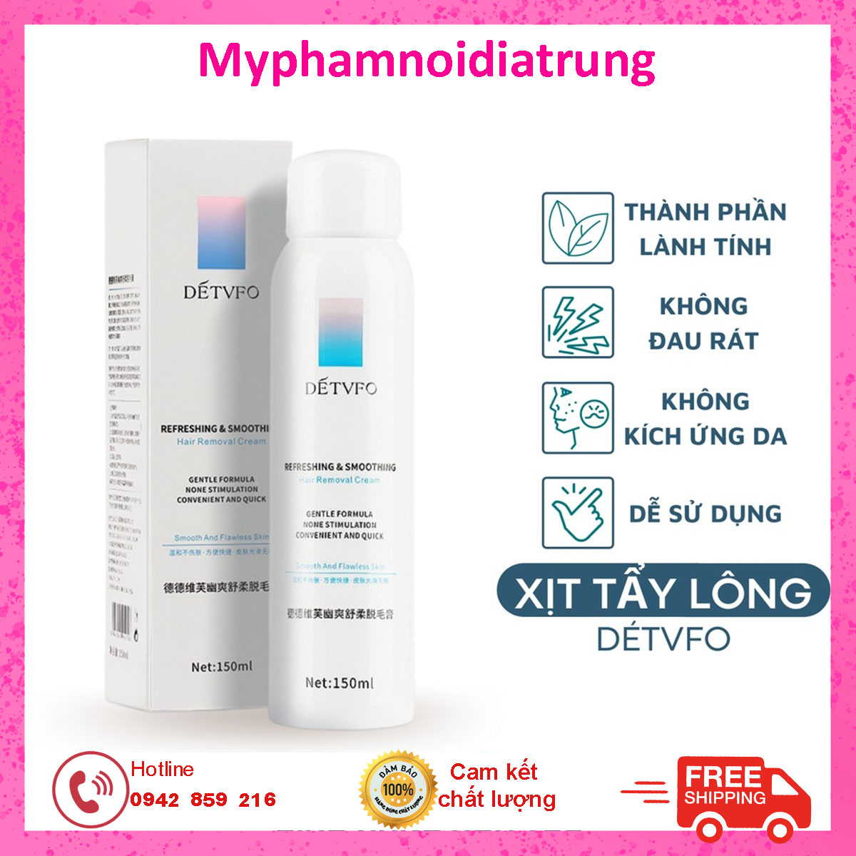 Xịt Tẩy Lông Sản Phẩm Không Thể Thiếu Trong Mùa hè - XỊT TẨY LÔNG DETVFO Không Đau Lành Tính Dịu Nhẹ - Kem tẩy lông nách, tay, chân, lưng dạng xịt 150ml Nội địa Trung