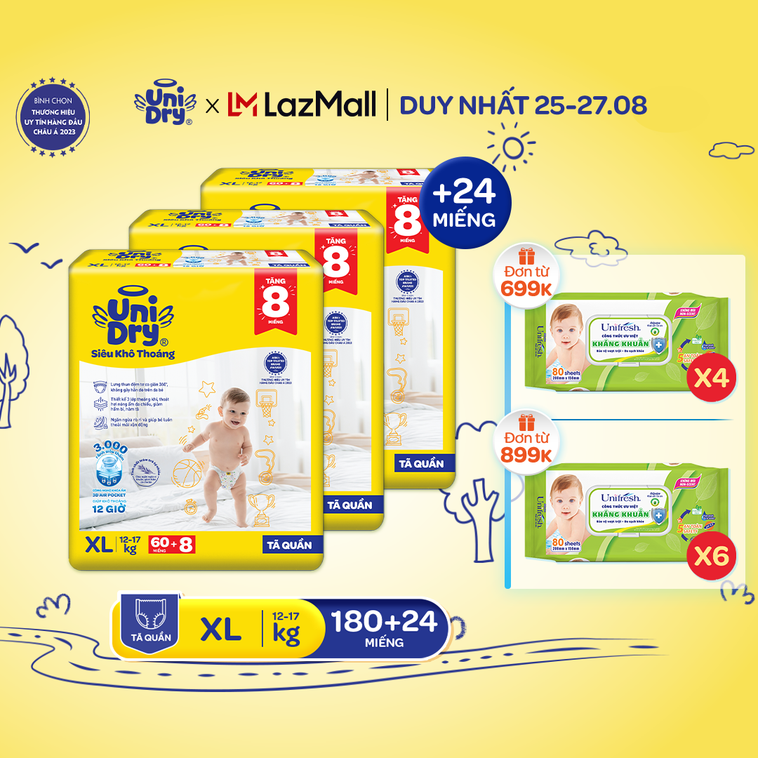 [HỎA TỐC] Combo 3 Tã quần UniDry Siêu khô thoáng gói Super Jumbo mới size M76/L68/XL60/XXL54 + 8 miếng