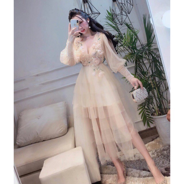 [HCM]Đầm xoè tay dài lưới tầng xếp kết hoa nổi TIPBLE T DRESS -MS27V-Size S/M/L/XL đến 64kg