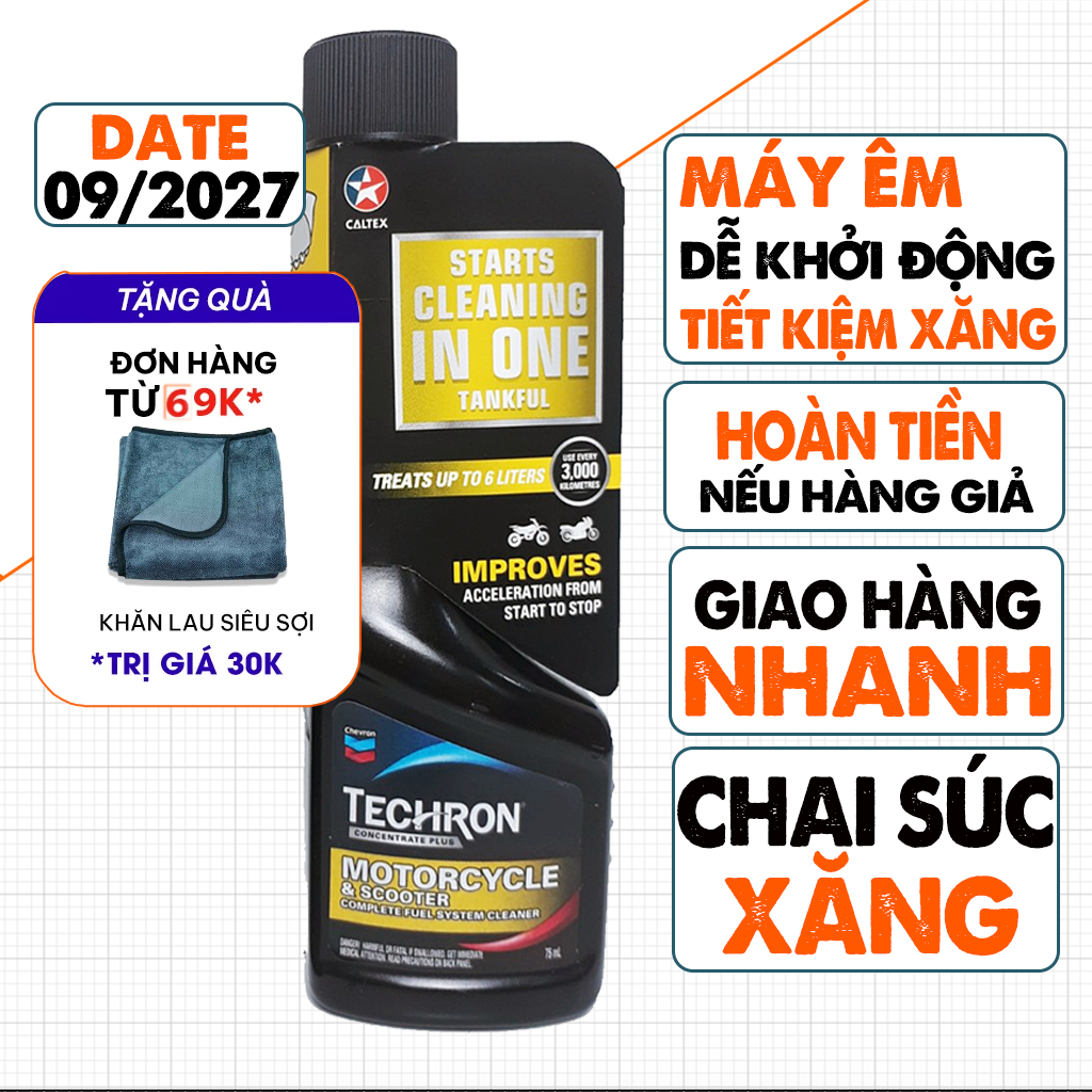 Phụ Gia Vệ Sinh Buồng Đốt Caltex Techron Concentrate Plus 75ml, Sản Xuất Tại Mỹ, Giúp Làm Sạch Kim Phun Buồng Đốt Xe Máy, Đổ Vào Xăng Xe Số, Xe Côn Tay, Xe Tay Ga