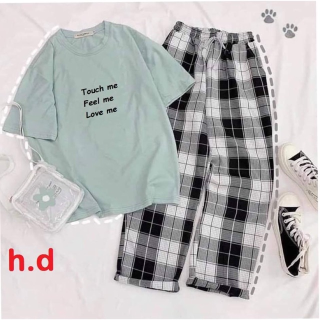Set áo thun touch me kèm quần kẻ caro (Xanh, Xám và Tím)