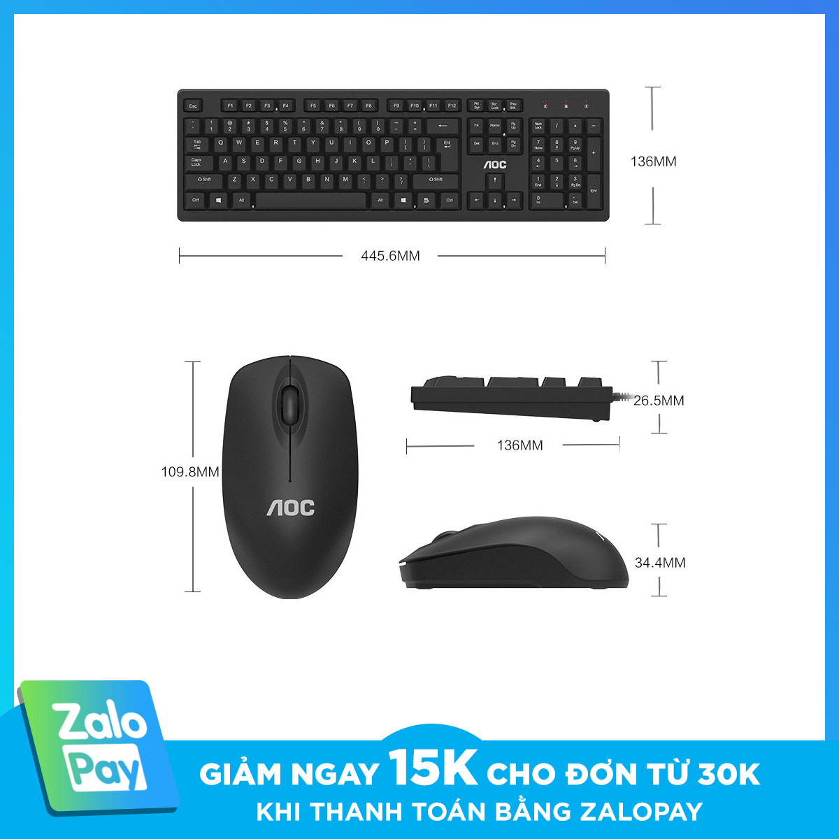 [ Siêu Sale Sale 11.11 ] Bàn phím và chuột không dây AOC KM210 Bộ 104 phím Bàn phím chống nước 2,4 GHz Bộ thu USB cho máy tính