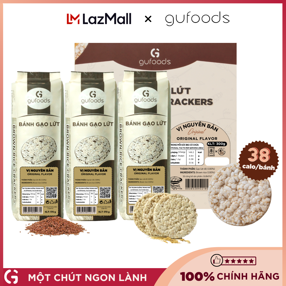 Bánh gạo lứt GUfoods vị Nguyên bản - Không chiên dầu, Không đường, Lành mạnh, Phù hợp Eat clean, Ăn vặt healthy, Thực dưỡng, Tập gym, Thuần chay