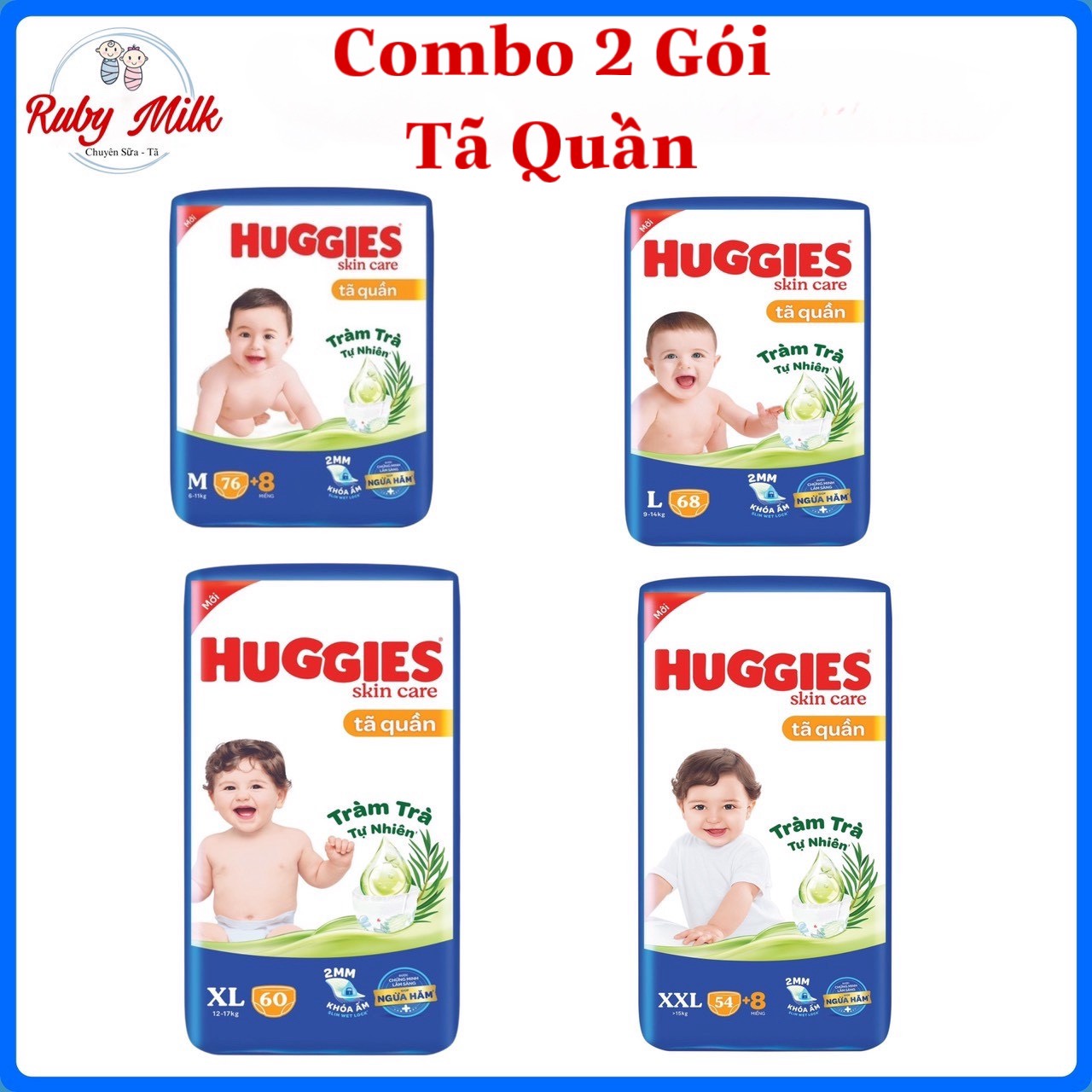 Combo 2 gói tã quần huggies size m76/l68/xl60/xxl54