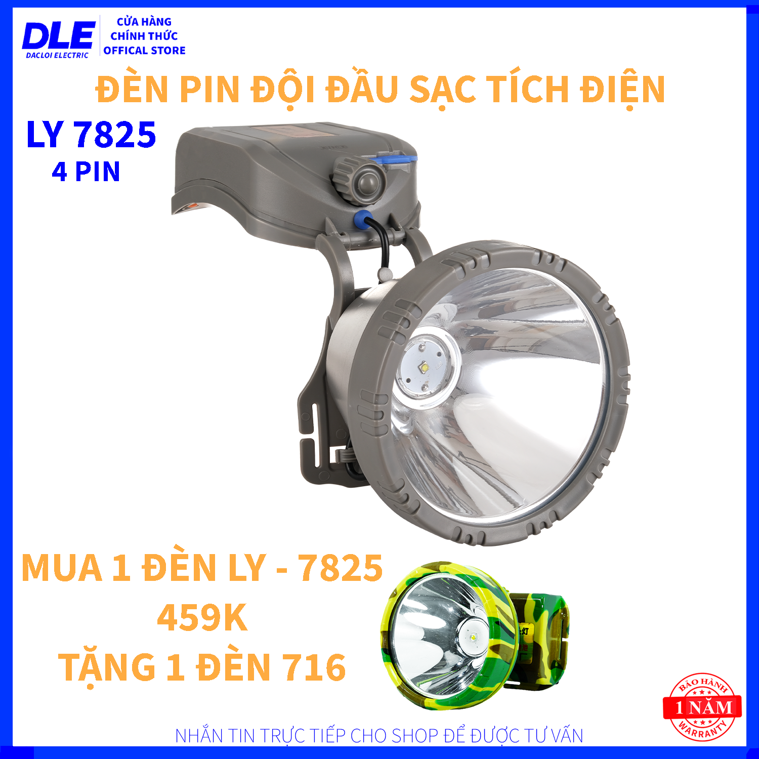 [HÀNG THÁI] ĐÈN PIN ĐỘI ĐẦU LY 7825 - 4 CỤC PIN - 16800mAh - KHÁNG NƯỚC - MUA 1 TẶNG 1 CÂY ĐÈN 716 TRỊ GIÁ 249K