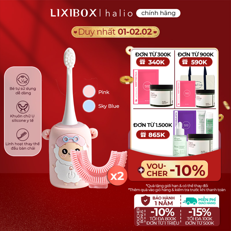 Combo bàn chải điện + 1 đầu bàn chải cho bé halio smart sonic u-shaped toothbrush - màu pink