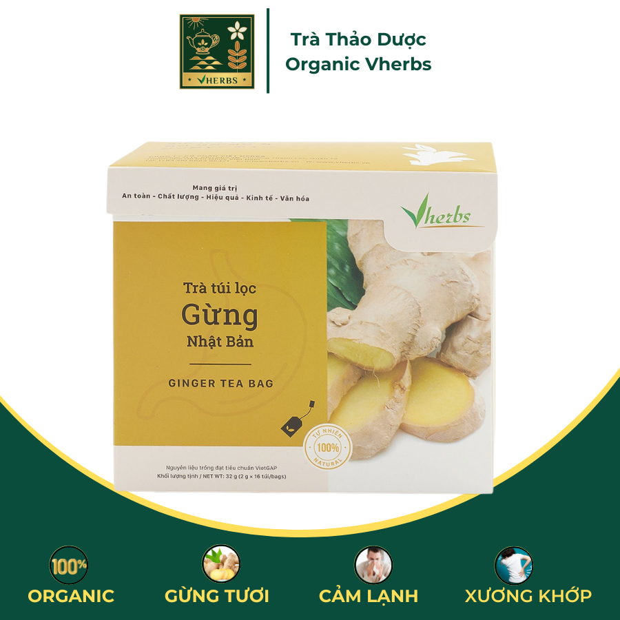 Trà gừng vherbs - 2g x 16 gói - giải cảm lạnh, đầy bụng, khó tiêu, giảm đau nhức xương khớp