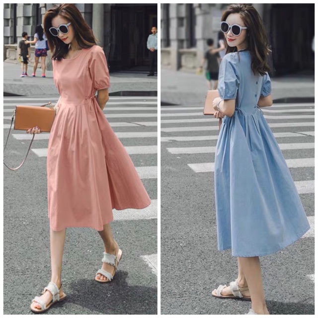 Đầm tùng xếp li nút sau 2 màu