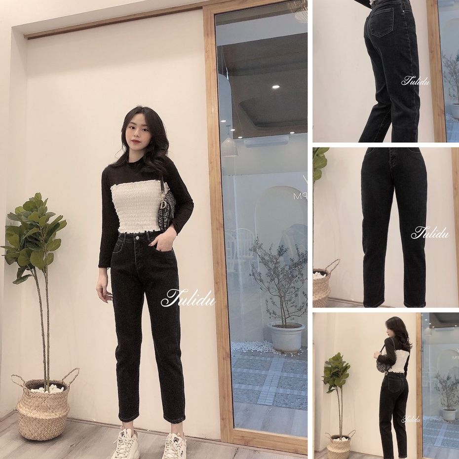 Quần jean nữ dáng baggy cạp lưng cao trơn - quần bò nữ co giãn