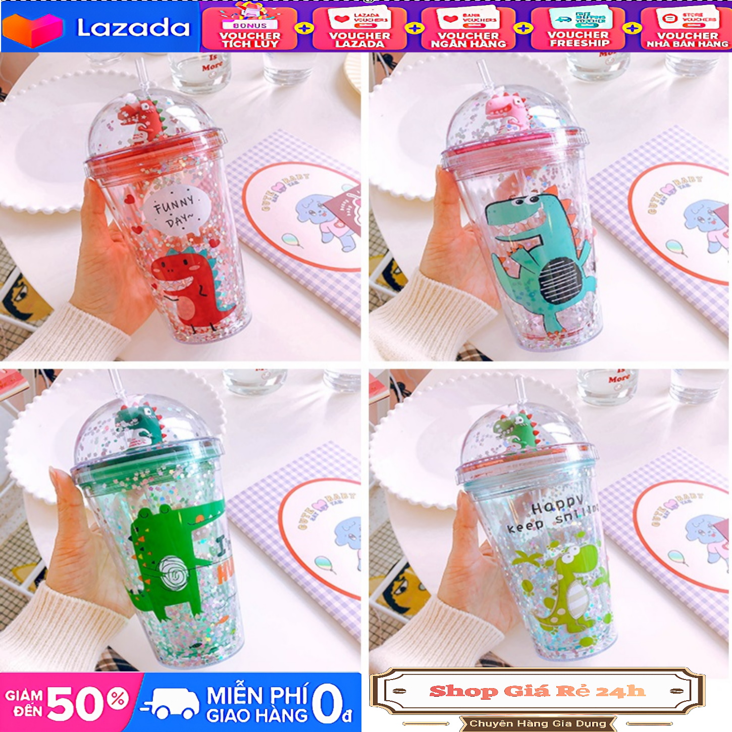 Ly Giữ Nhiệt Khủng Long và Mèo Thần Tài Có Kim Tuyến - Tặng Kèm Ống Hút 500ml