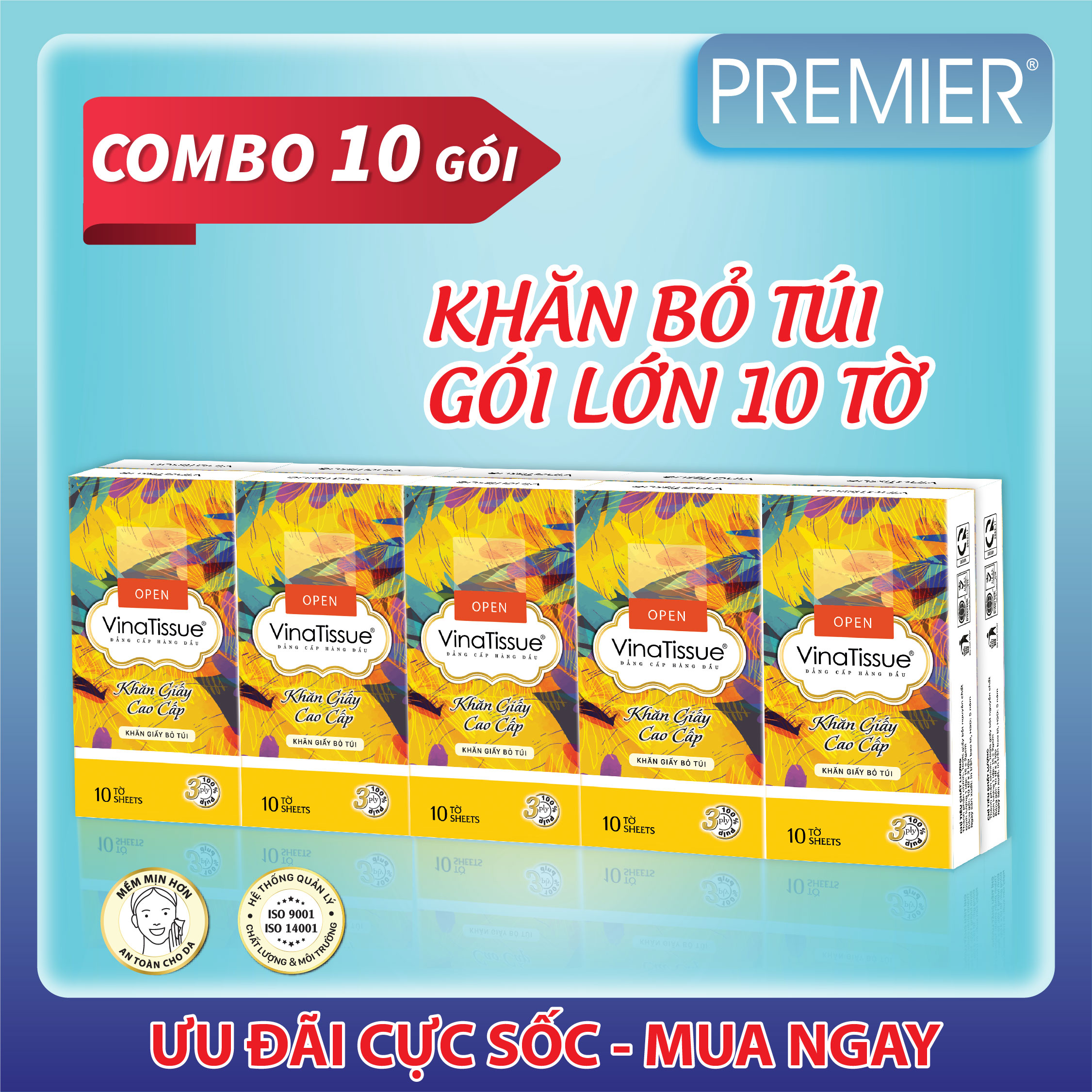 Khăn giấy bỏ túi PREMIER VinaTissue 10 tờ x 3 lớp - combo 10 gói