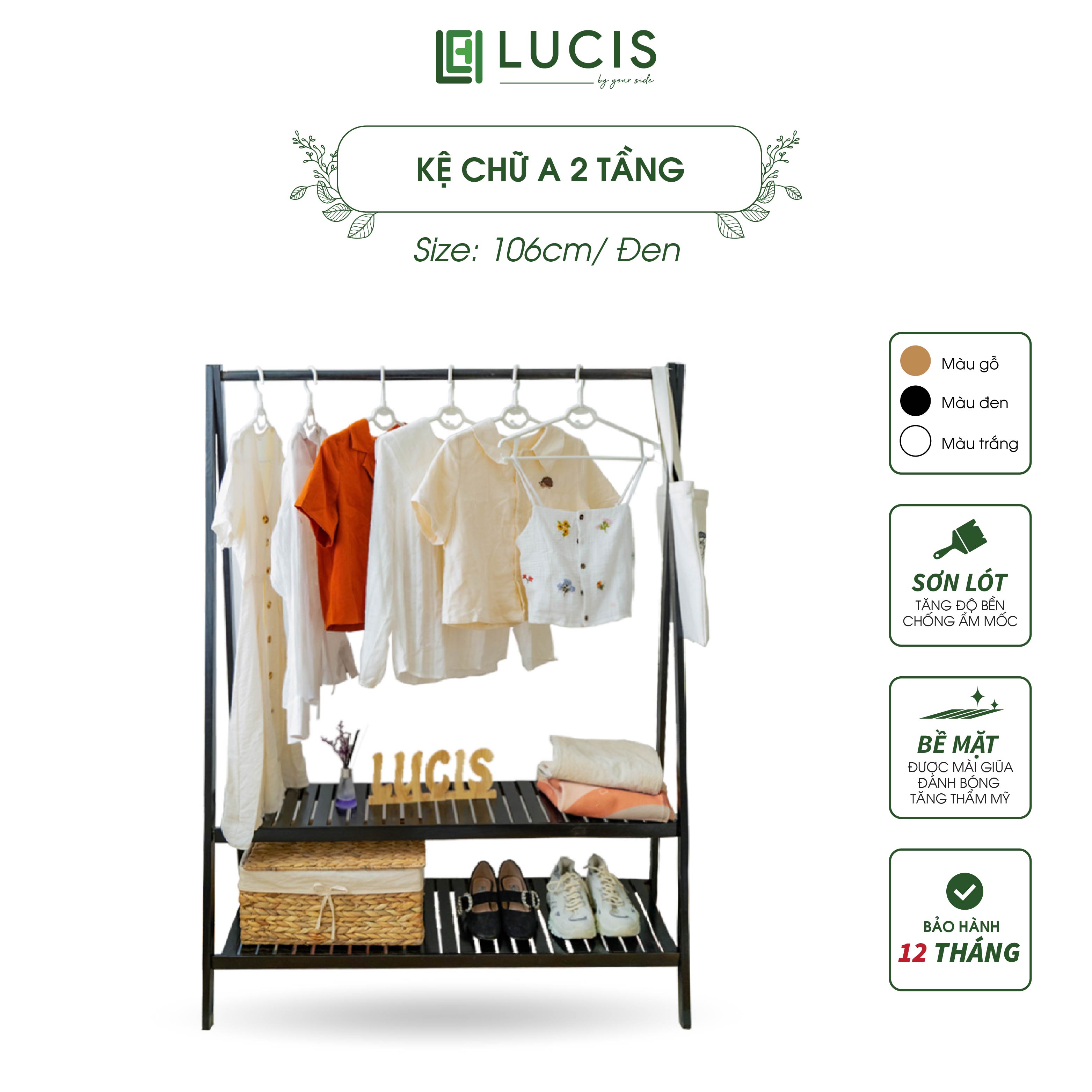 Kệ treo quần áo gỗ thông chữ A LUCIS màu đen dài 106cm có 2 tầng để đồ phòng ngủ lắp ghép đa năng treo túi ví treo đồ shop thời trang
