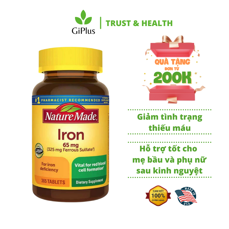 Viên Uống Bổ Sung Sắt Cho Mẹ Bầu, Ngừa Thiếu Máu Nature Made Iron 65mg 365