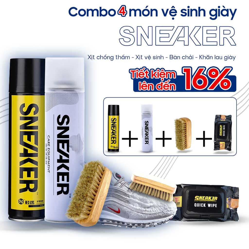 Bộ phụ kiện chăm sóc giày dép Shoes 2h 4 dụng cụ gồm xịt vệ sinh, kháng thấm nước, bàn chải đánh, khăn giấy lau giầy dép.