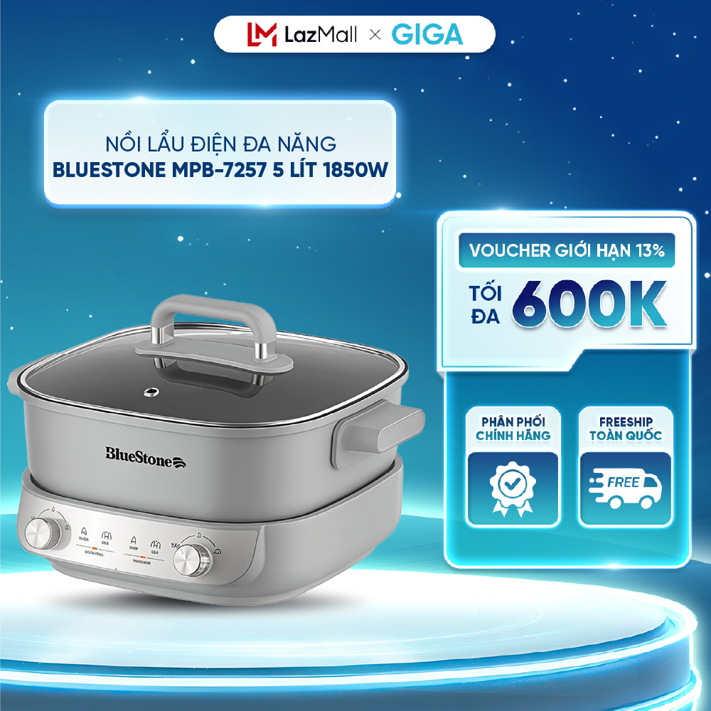 Nồi lẩu điện đa năng BlueStone MPB-7257 5L - Công suất 1850W - Lòng nồi chống dính - Điều khiển núm vặn - BH 24 Tháng