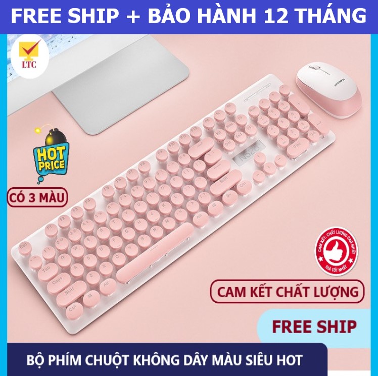 Bộ bàn phím và chuột không dây máy tính FreeWolf SIÊU HOT, cổng kết nối usb 2.4ghz, kiểu dáng đẹp, dành cho pc, laptop, COMBO bộ phím chuột không dây có ba màu hồng, xanh, đen - LTC
