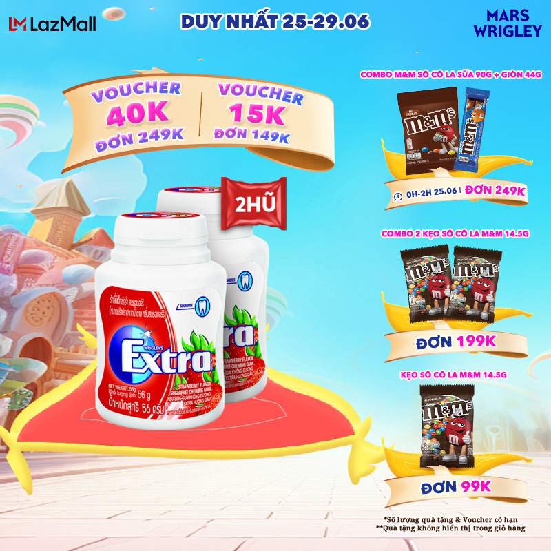 Combo 2 hũ kẹo Sing-gum không đường Extra hương dâu 40 viên