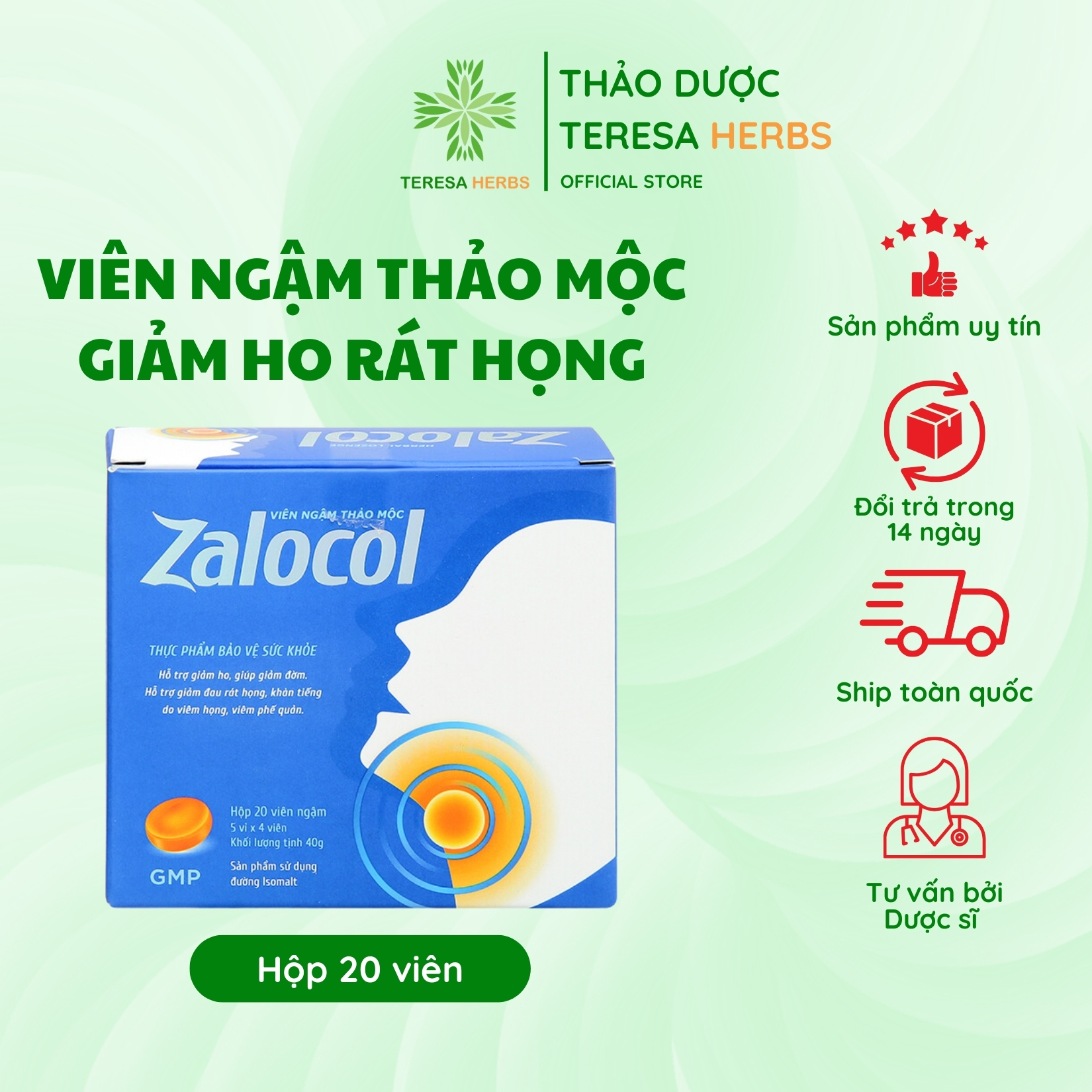 Kẹo Zalocol Giảm Ho Đau Họng Khan Tiếng Chiết Xuất Thảo Dược An Toàn (Hộp 20 viên)