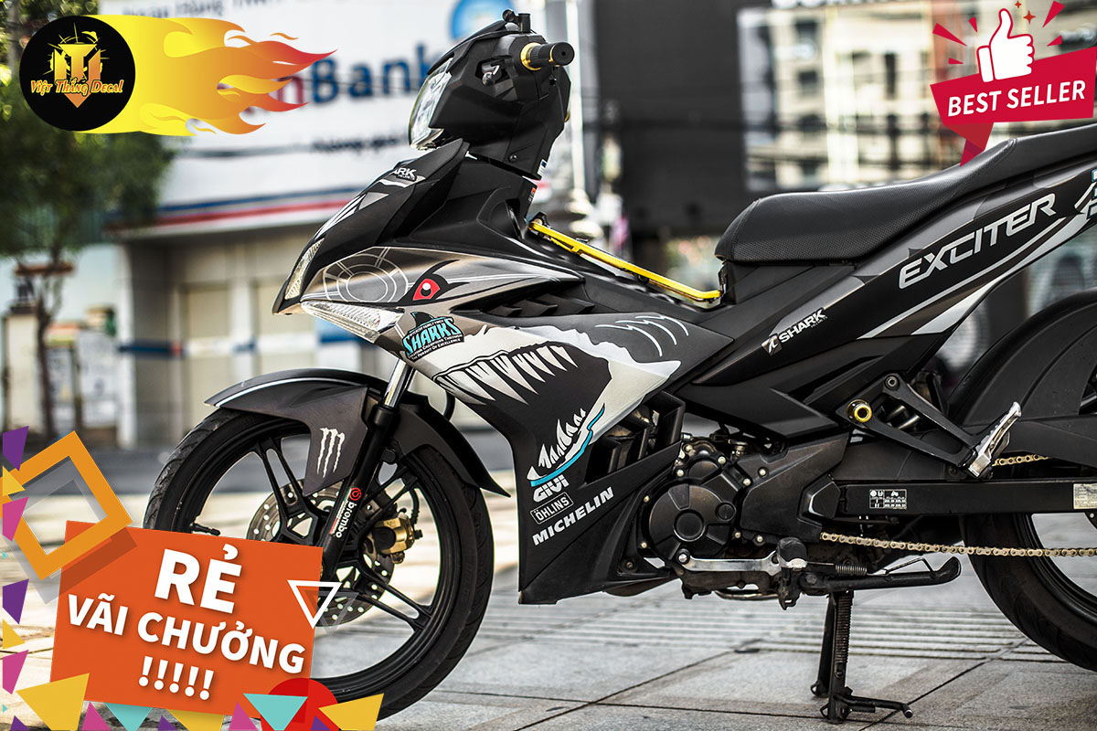 Tem Trùm Exciter 150 Cá Mập Shark Đẹp Độ Chế Decal (Trắng Xám Đen)