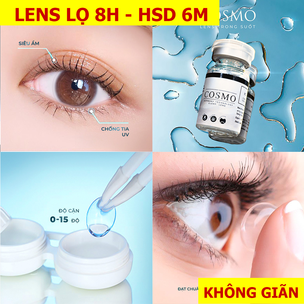 LỌ 8H - Lens trong suốt cho mắt nhạy cảm Angel Eyes, kính áp tròng trong suốt Cosmo độ cận từ 1 đến 15, đeo 6-8h mỗi ngày, HSD 1 năm