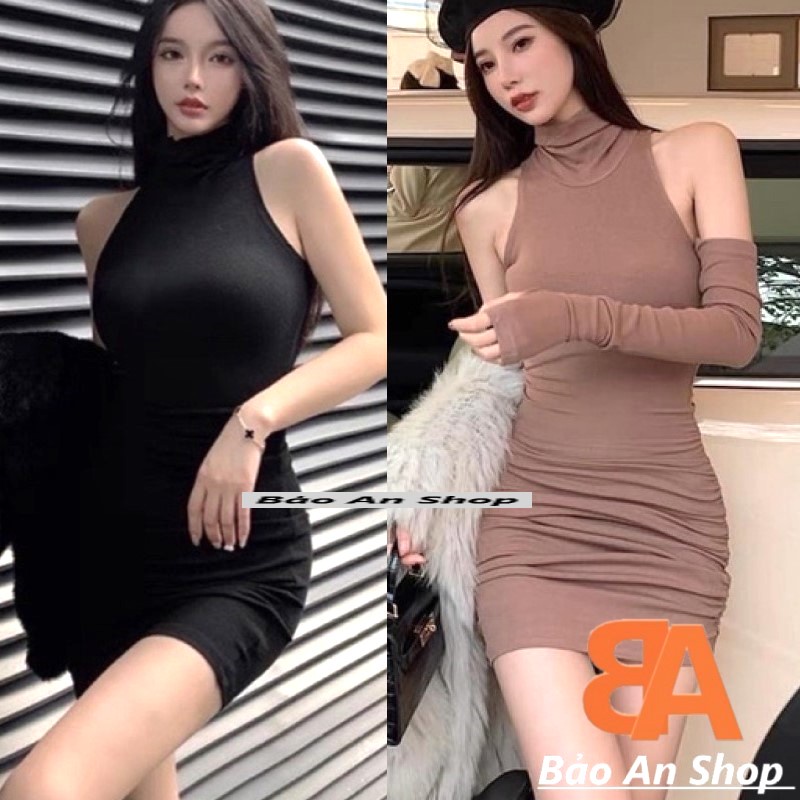 Đầm body cổ yếm phối tay xỏ ngón hở lưng
